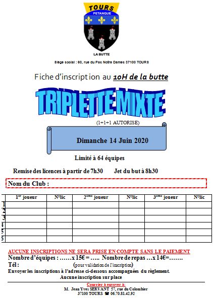 10h de la Butte - dimanche 14 juin 2020 - Triplette mixte