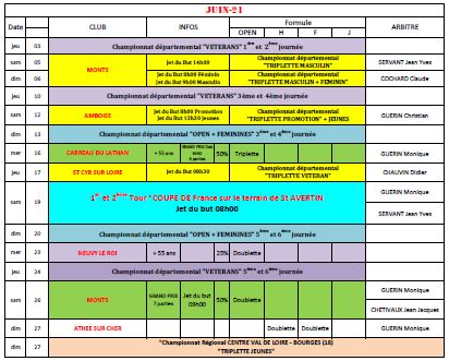 Calendrier de la saison 2021 - mis a jour au 27/05/2021