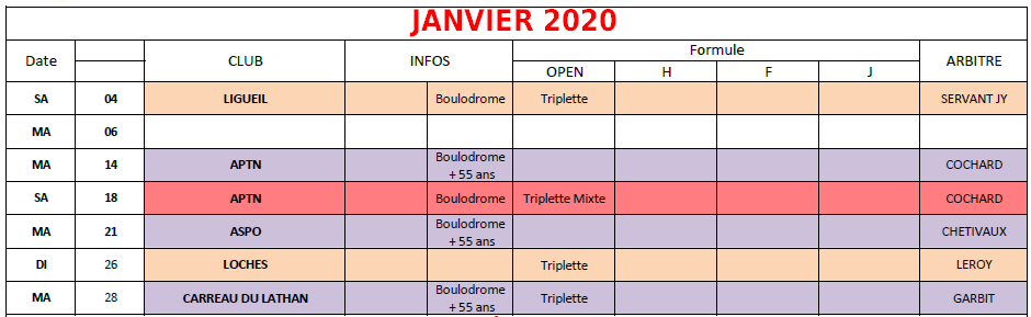 Calendrier FFPJP en Indre et Loire 2019  / 2020.