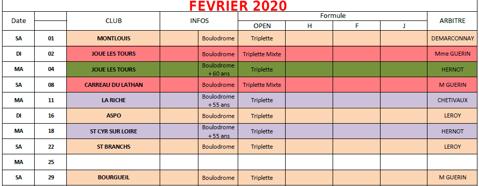 Calendrier FFPJP en Indre et Loire 2019  / 2020.