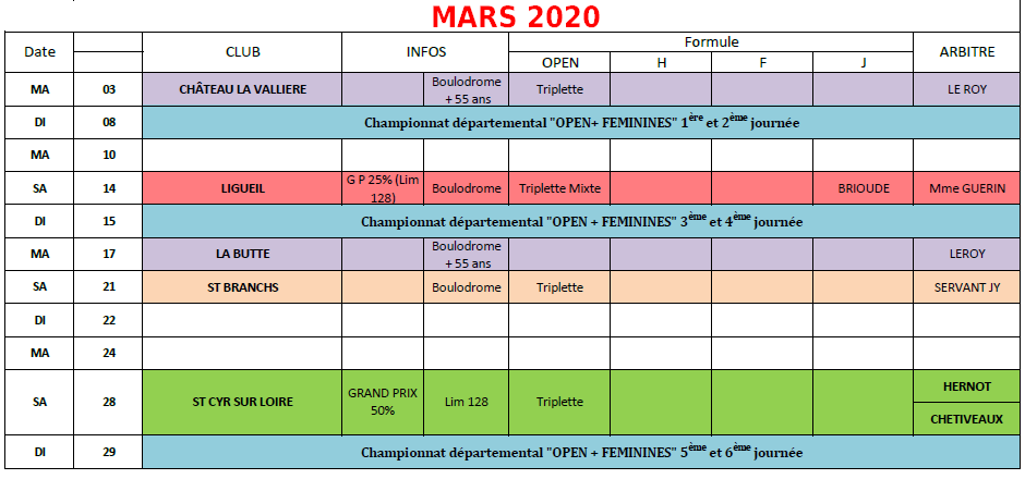 Calendrier FFPJP en Indre et Loire 2019 / 2020. Calendrier FFPJP en Indre et Loire 2019 / 2020.