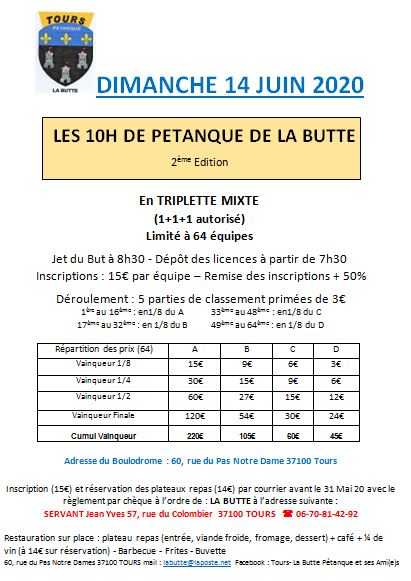 10h de la Butte - dimanche 14 juin 2020 - Triplette mixte