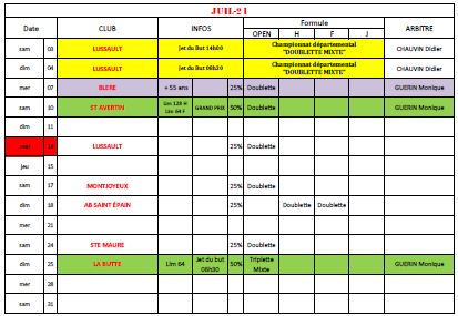 Calendrier de la saison 2021 - mis a jour au 27/05/2021