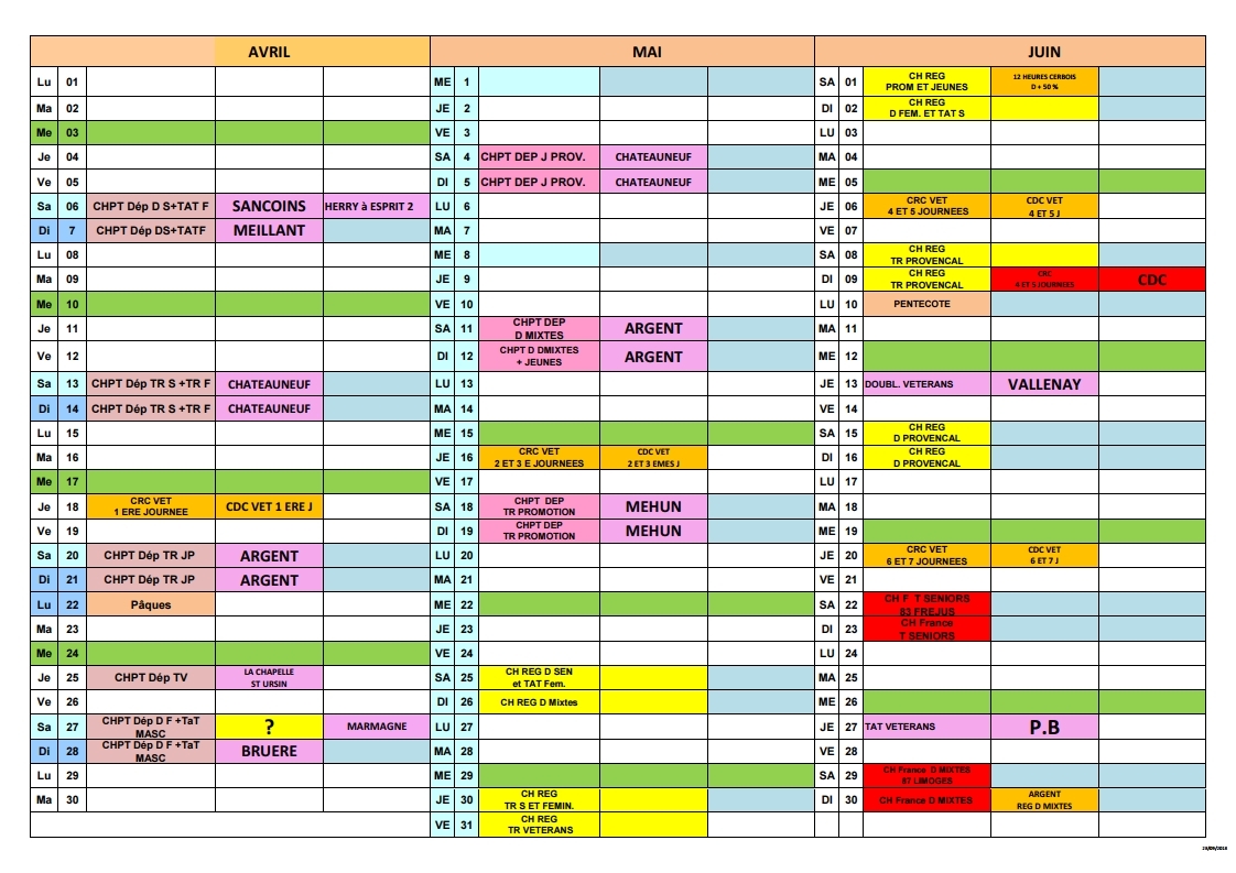 CALENDRIER 2019 des rencontres