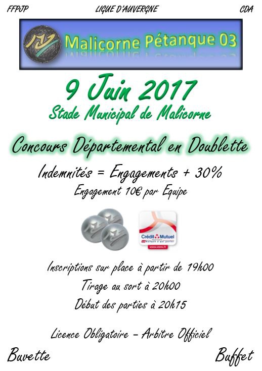 Concours Doublette Nocturne du 9 Juin 2017 Concours Doublette Nocturne du 9 Juin 2017