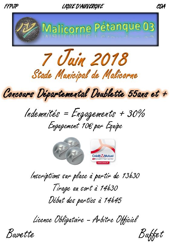 Concours Doublette 55ans et + du 7 Juin 2018