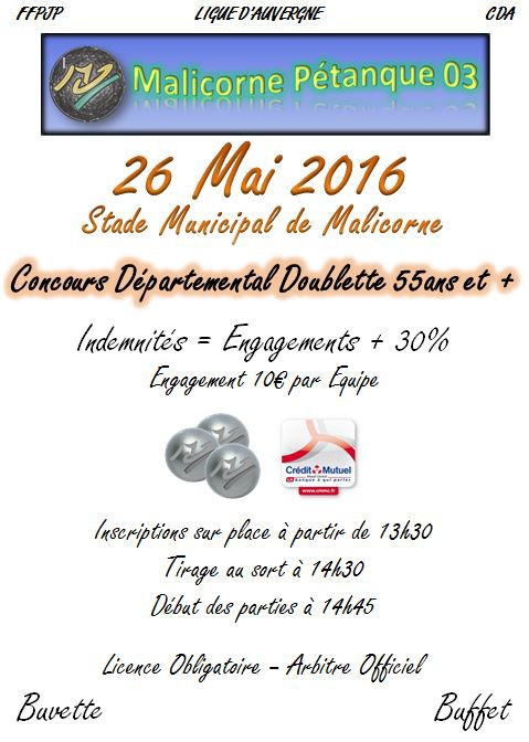 Concours Doublette 55ans et + du 26 Mai 2016 Concours Doublette 55ans et + du 26 Mai 2016