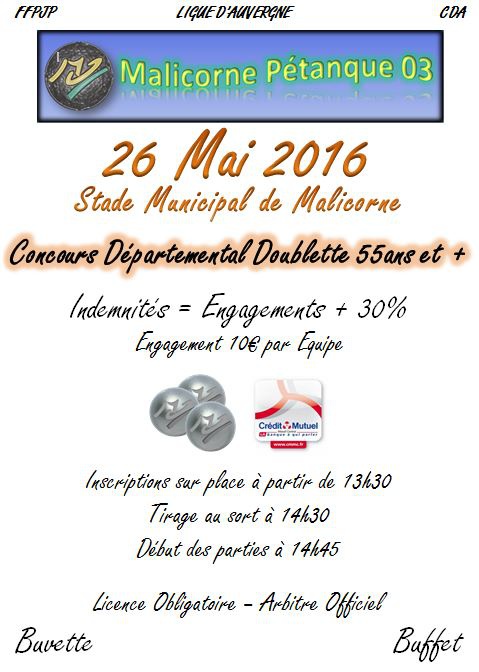 Concours Doublette 55ans et + du 26 Mai 2016