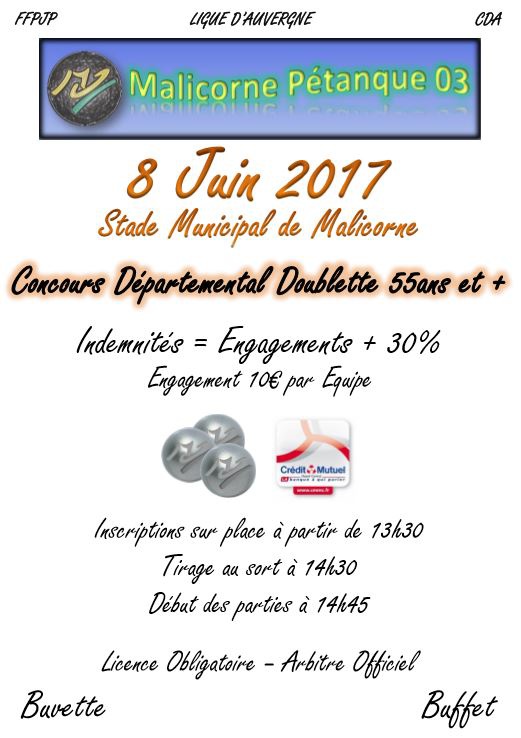 Concours Doublette 55ans et + du 8 Juin 2017 Concours Doublette 55ans et + du 8 Juin 2017