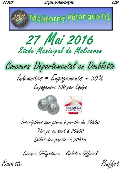 Concours Doublette Nocturne du 27 Mai 2016 Concours Doublette Nocturne du 27 Mai 2016