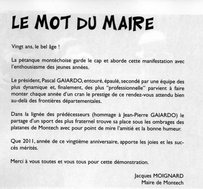 2011, l'année des 20 ans !! Le mot du maire 2011, l'année des 20 ans !! Le mot du maire
