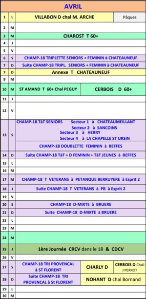 CALENDRIER DU MOIS D'AVRIL