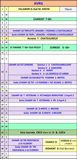 CALENDRIER DU MOIS D'AVRIL