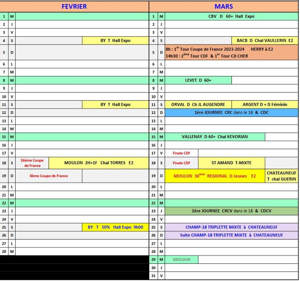 Calendrier des concours en Février et Mars 2023 dans le Cher