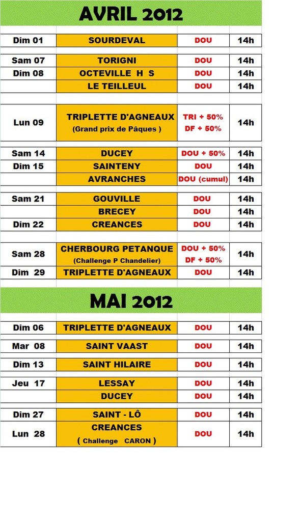 LE CALENDRIER FEDERAL 2012