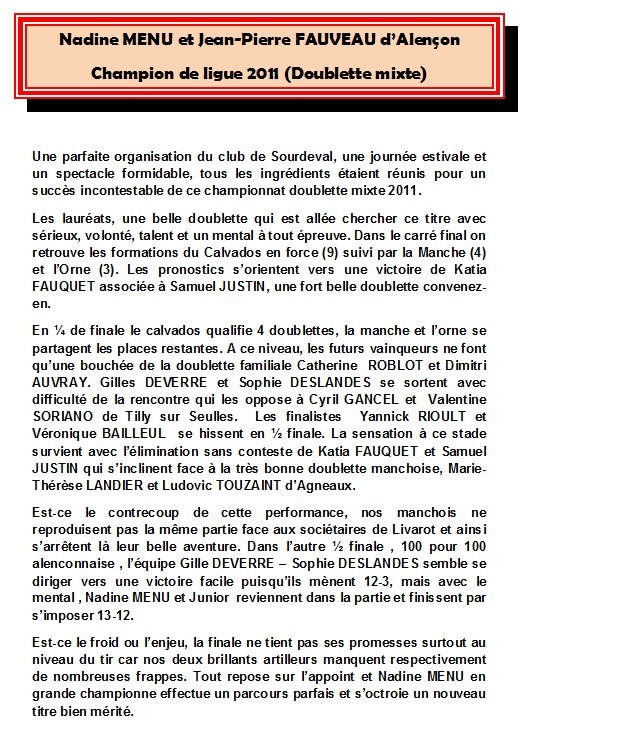 Alençon, champion de ligue doublette mixte Alençon, champion de ligue doublette mixte