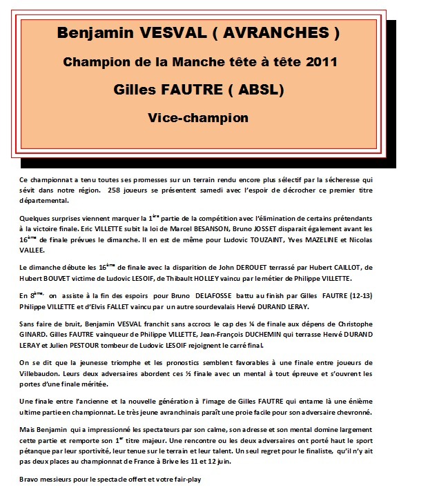 Benjamin VESVAL champion départemental Tête à Tête Benjamin VESVAL champion départemental Tête à Tête