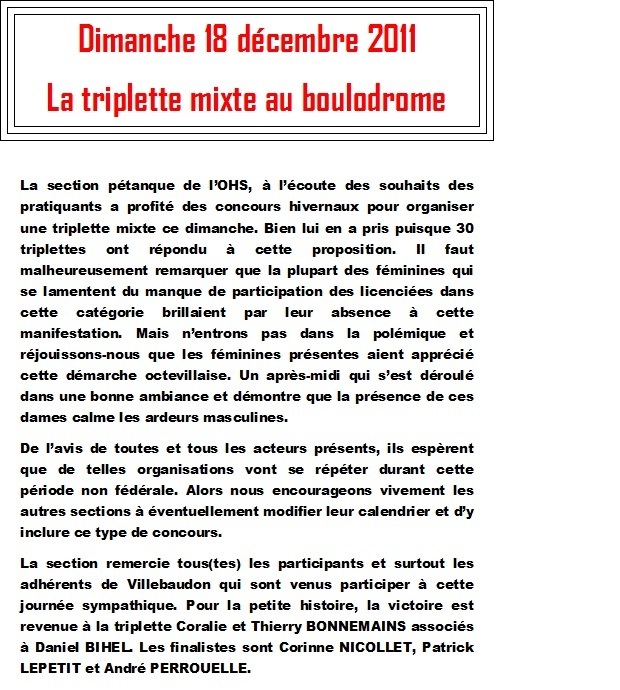 CONCOURS EN TRIPLETTE MIXTE DU 18/12/2011 CONCOURS EN TRIPLETTE MIXTE DU 18/12/2011