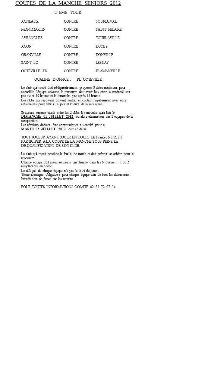 Le 2ème tour de la coupe de la manche senior Le 2ème tour de la coupe de la manche senior