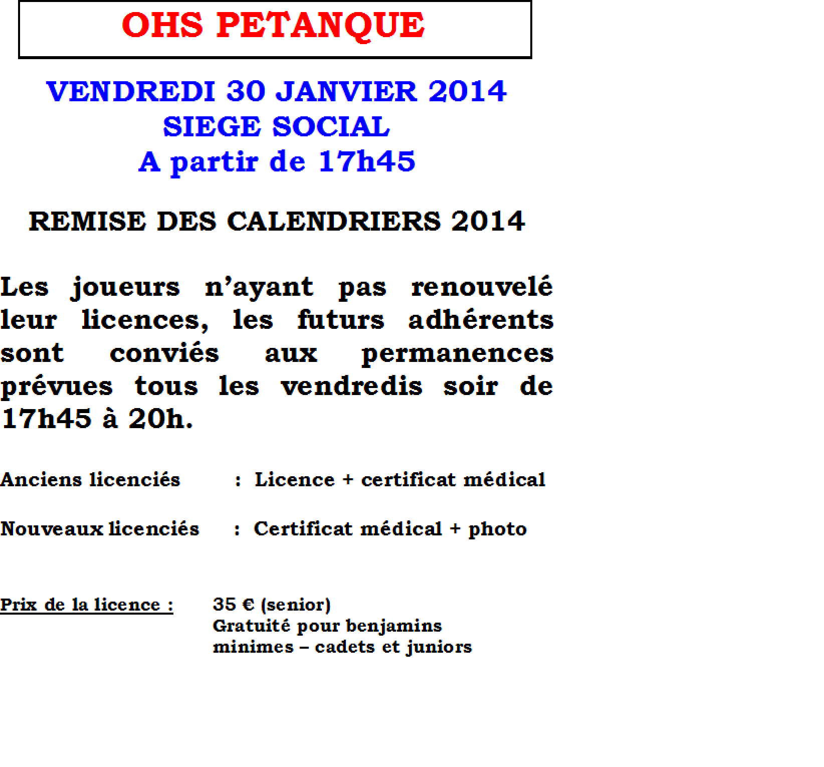 REMISE CALENDRIERS ET PERMANENCES