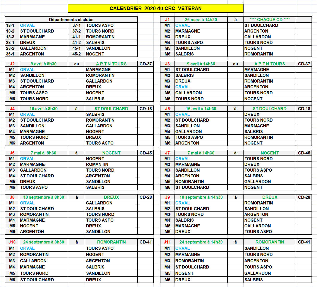 Championnat des clubs vétéran: calendrier du régional