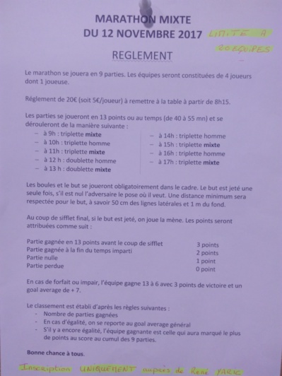 La Pétanque Boule Embrunaise organise un Marathon de Pétanque Mixte le 12 Novembre au Boulodrome de la Gare.4 Joueurs(euses).20 euros par équipe .de 9h à19h.inscription au n°0652374186 YARIC René .un repas bouliste est prévu à midi 12euros