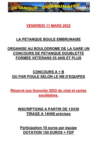 Concours Vétéran 11 Mars 2022 et Nouvelle composition du Bureau 