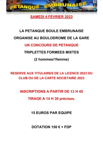 Triplettes formées mixtes Samedi 04/02/2023 + Calendrier