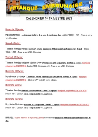 Triplettes formées mixtes Samedi 04/02/2023 + Calendrier Triplettes formées mixtes Samedi 04/02/2023 + Calendrier