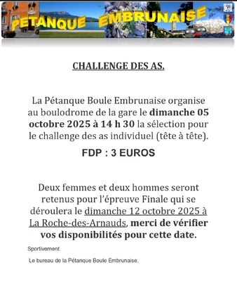  Attention, modification de la date pour la phase finale à la Roche des Arnaud ! Ce n'est plus le 19, mais le 12 octobre.