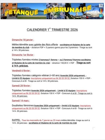 Calendrier 1er trimestre 2026 et 2 premiers concours