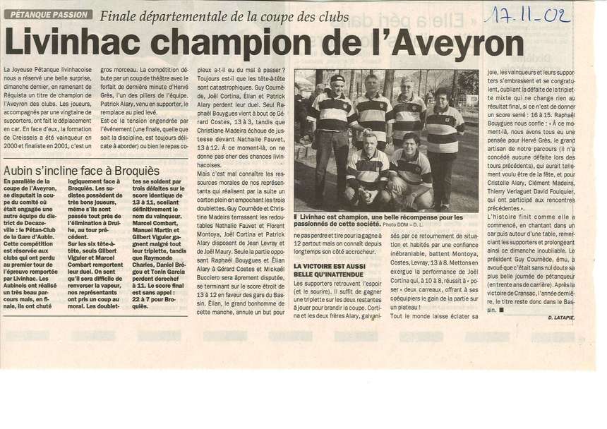 paru sur la dépêche le 17/11/02 paru sur la dépêche le 17/11/02