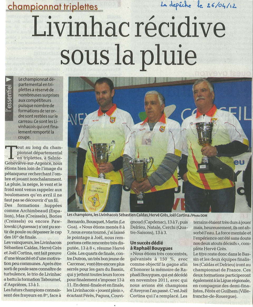 Presse: championnat d'Aveyron triplette 2012
