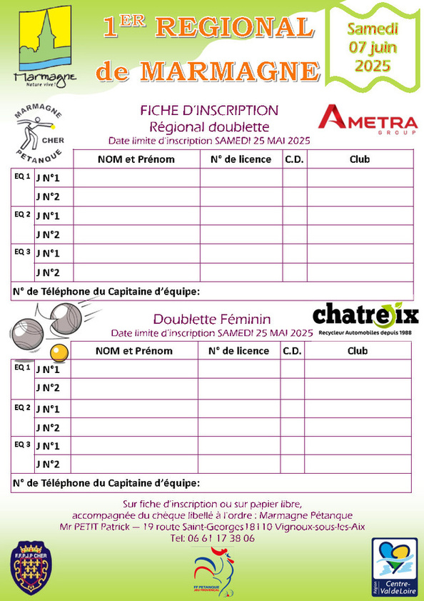 Venez Nombreux à notre 1er Régional, toute l'équipe de Marmagne Pétanque sera là pour vous aceuillir