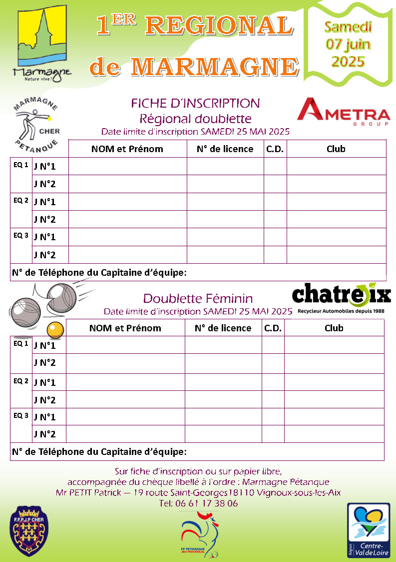 Venez Nombreux à notre 1er Régional, toute l'équipe de Marmagne Pétanque sera là pour vous aceuillir Venez Nombreux à notre 1er Régional, toute l'équipe de Marmagne Pétanque sera là pour vous aceuillir