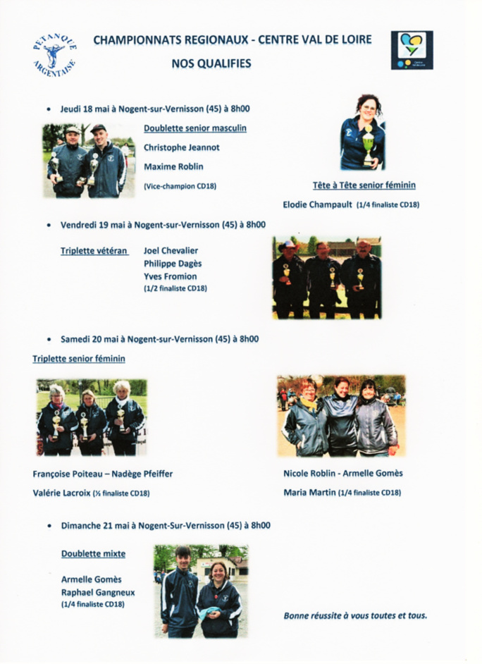 Championnats Régionaux Centre Val de Loire WE du 18 au 21 mai à Nogent-sur-Vernisson (CD45)