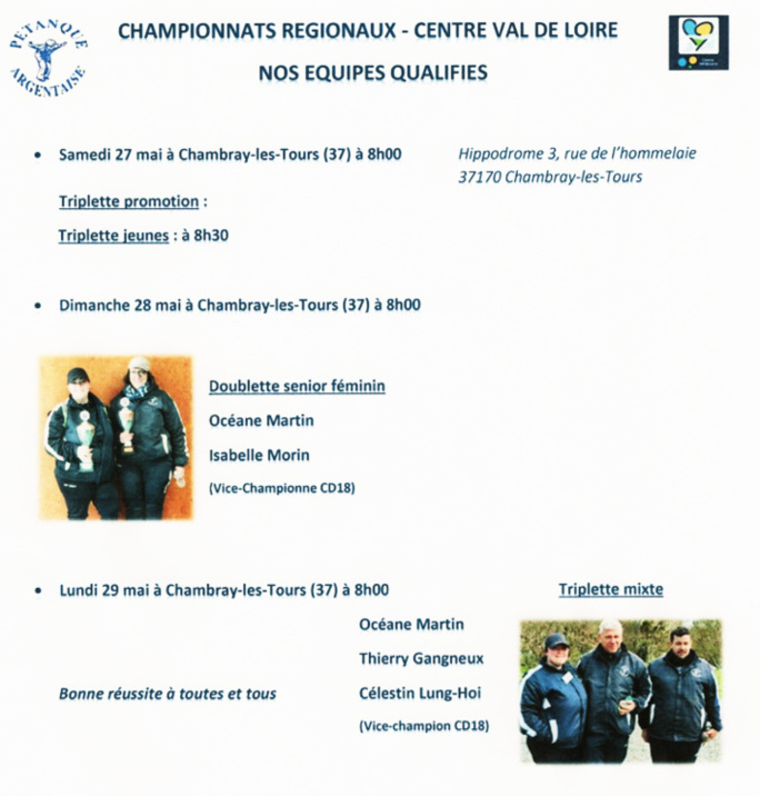 Championnats Régionaux Centre Val de Loire WE du 27 au 29 mai à Chambray-les-Tours (37)