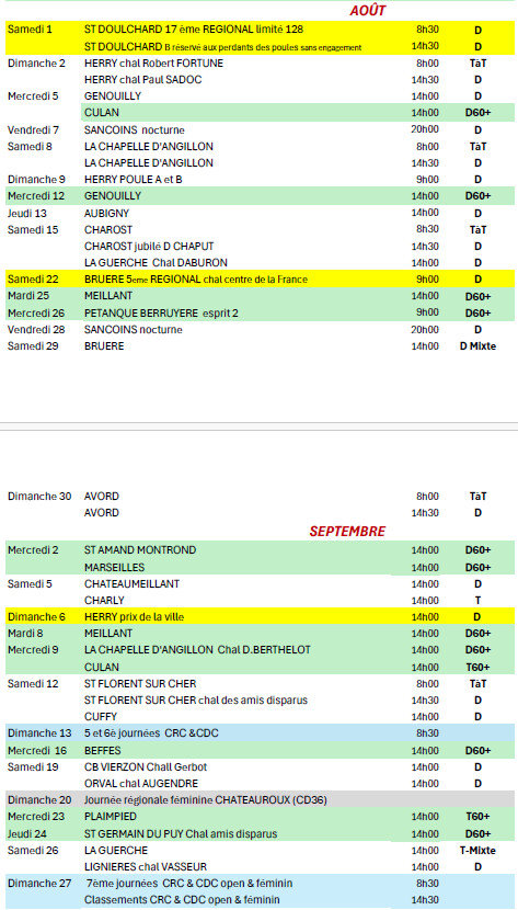 Calendrier du Cher 2026 - aout septembre