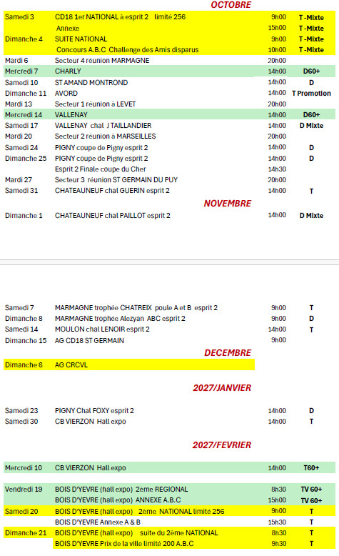 Calendrier du Cher 2026 - octobre février 2027