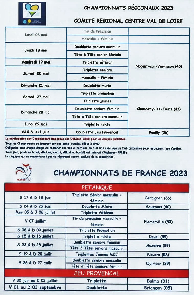 Calendrier Championnats Régionaux - Nationaux 2023