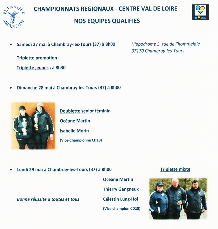 Championnats Régionaux Centre Val de Loire WE du 27 au 29 mai à Chambray-les-Tours (37)