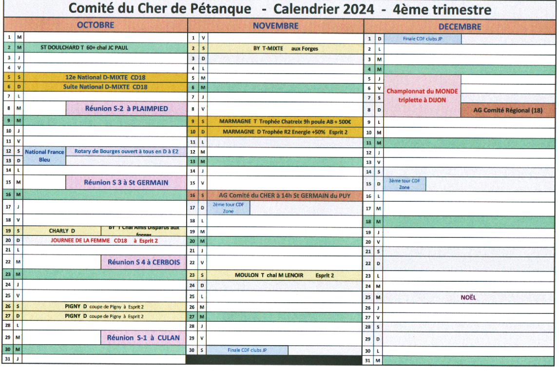 Calendrier 2024 du Comité du Cher - CD 18