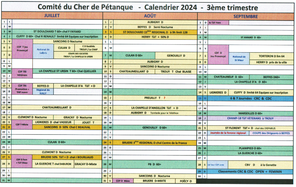 Calendrier du Cher 2024 - 3ème trimestre