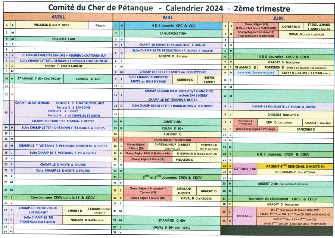 Calendrier du Cher 2024 - 2ème trimestre