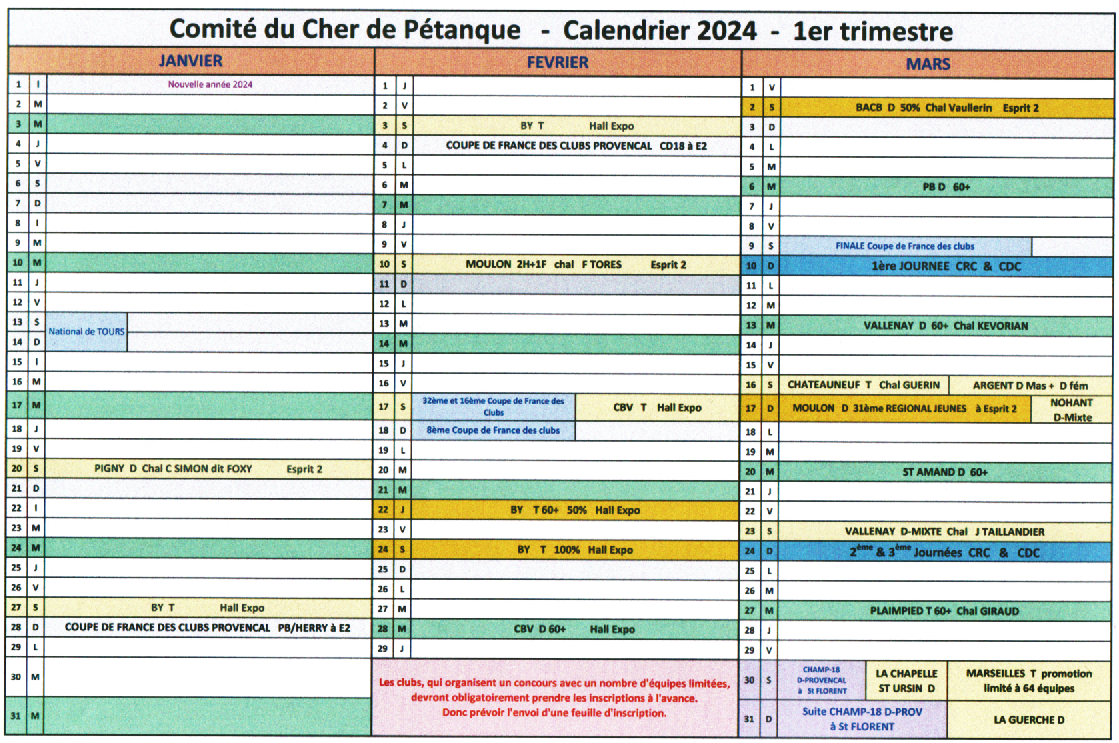 Calendrier du Cher 2024 - 1er trimestre