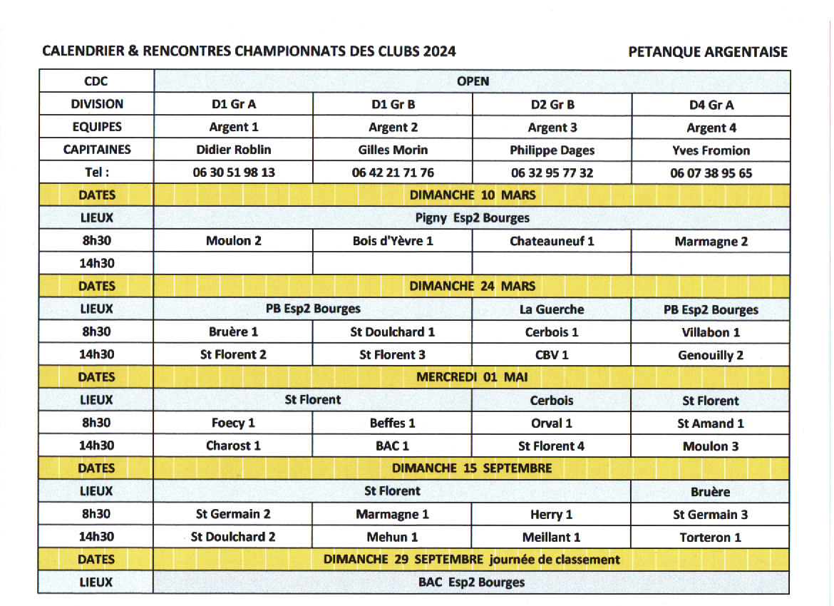 Calendrier Championnat des clubs OPEN 2024