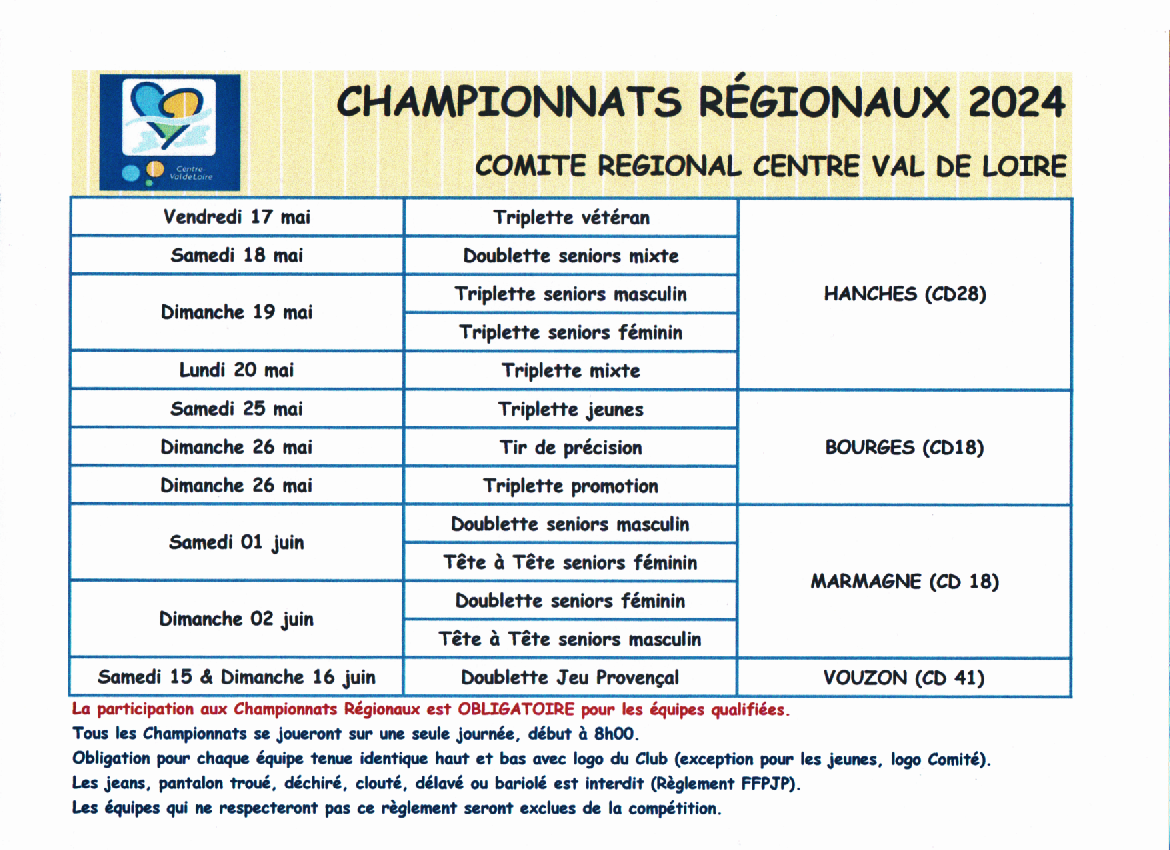 Calendrier Championnats régionaux 2024 Calendrier Pétanque Allier 2025