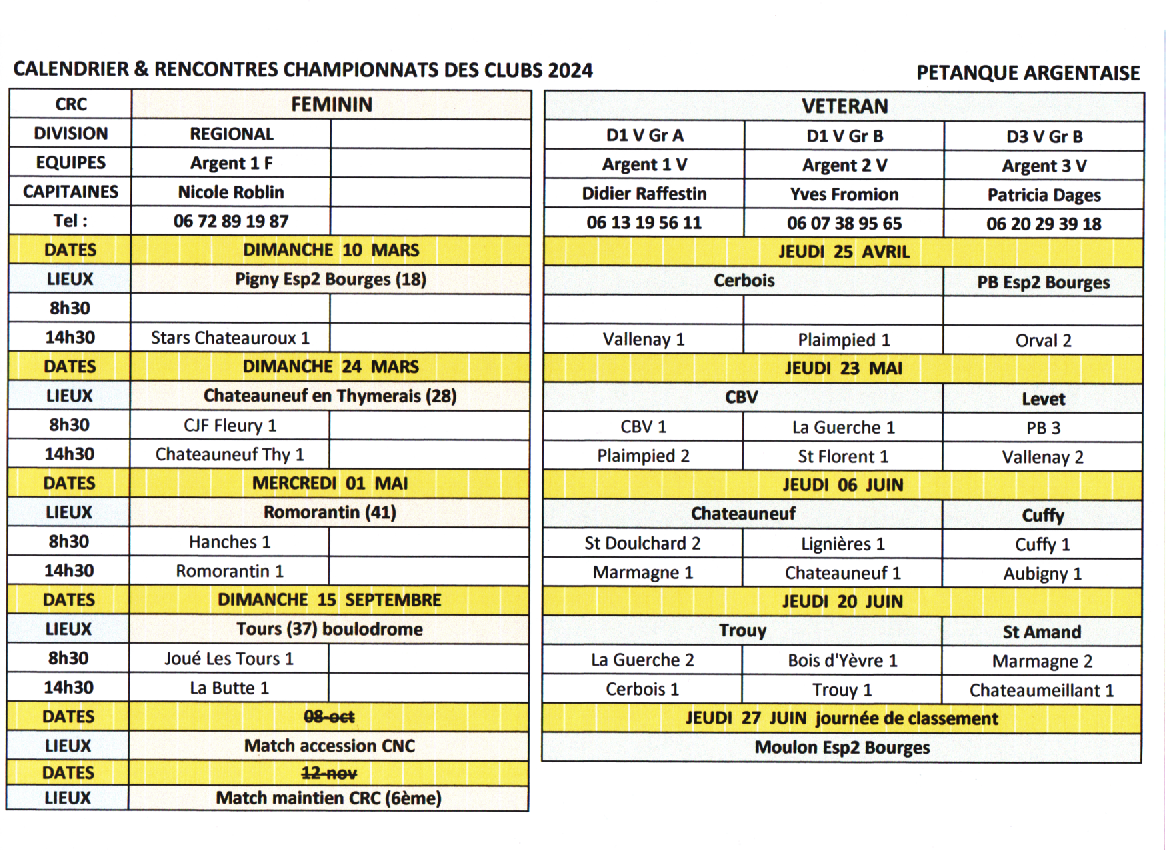 Calendrier championnats des clubs FEMININ - VETERAN 2024