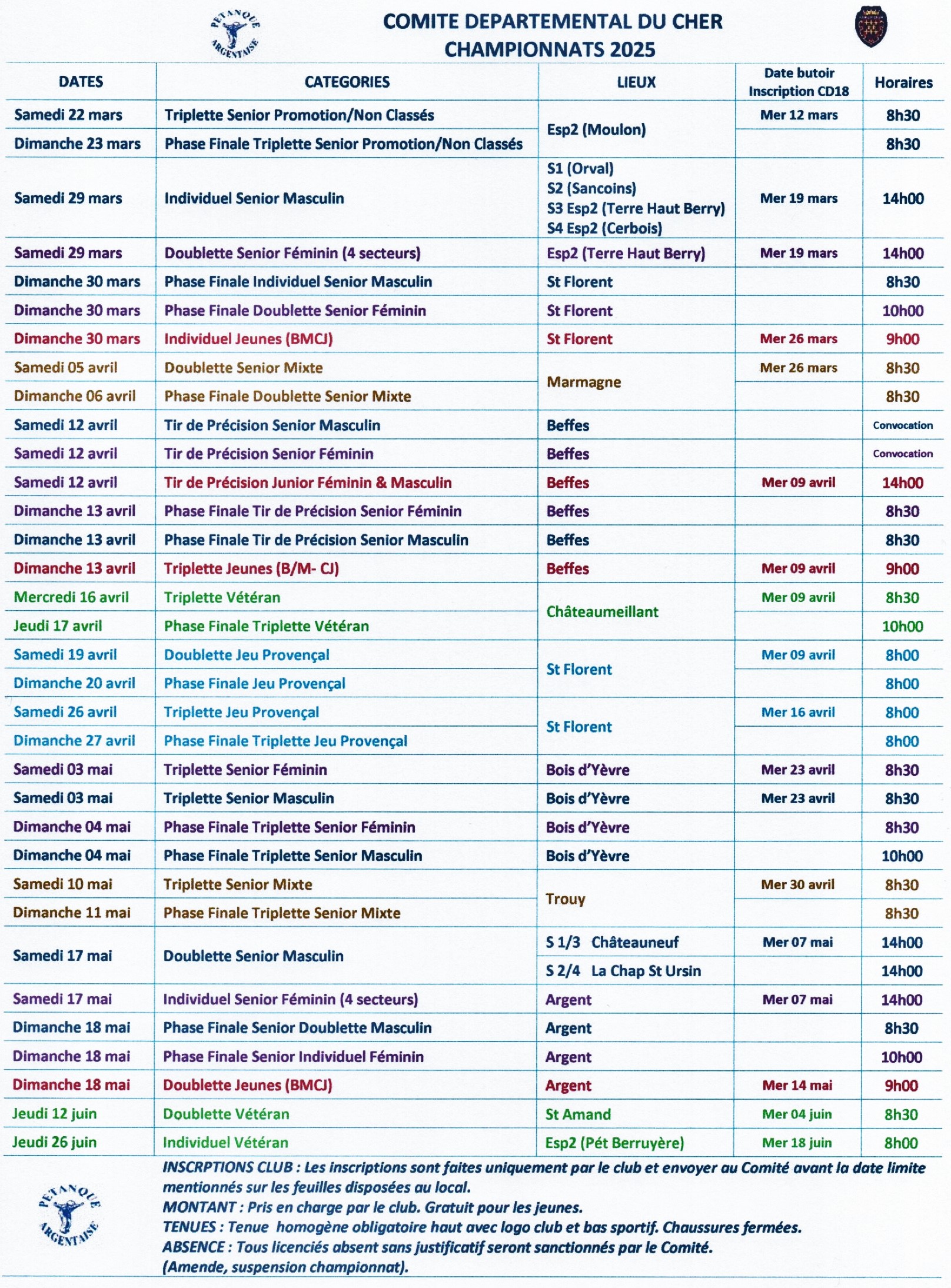 CD18 - Calendrier des championnats 2025