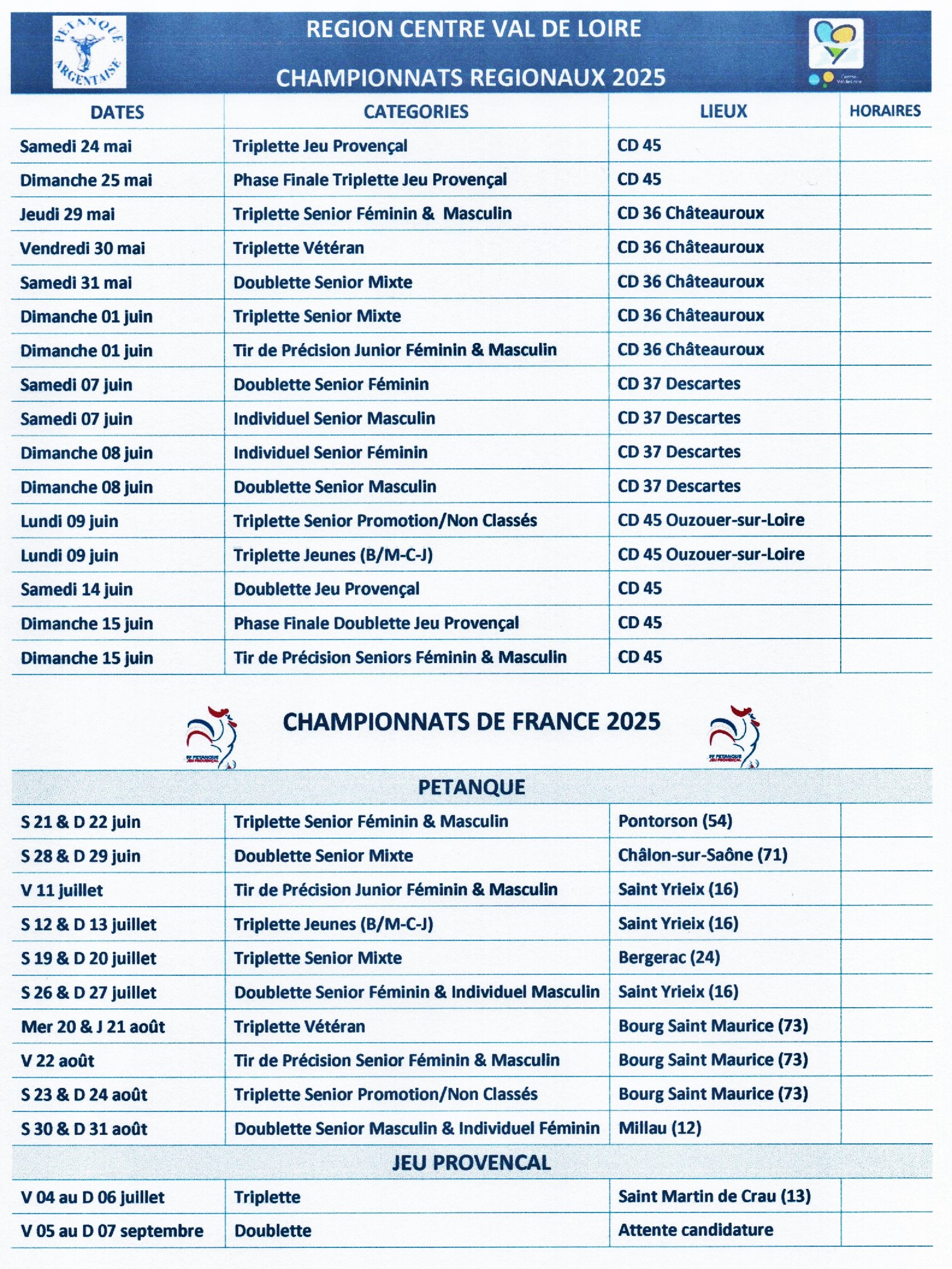 Championnats : Régionaux CRCVD - Nationaux FFPJP 2025